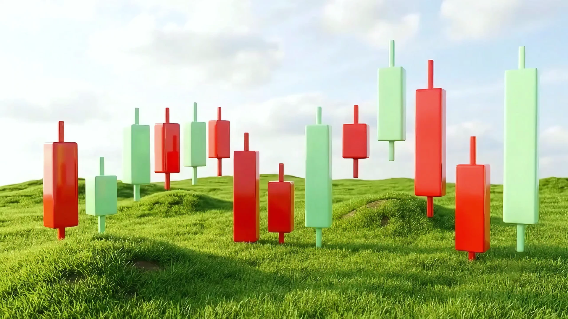 Sculptural red and green market candlesticks standing in a grassy landscape